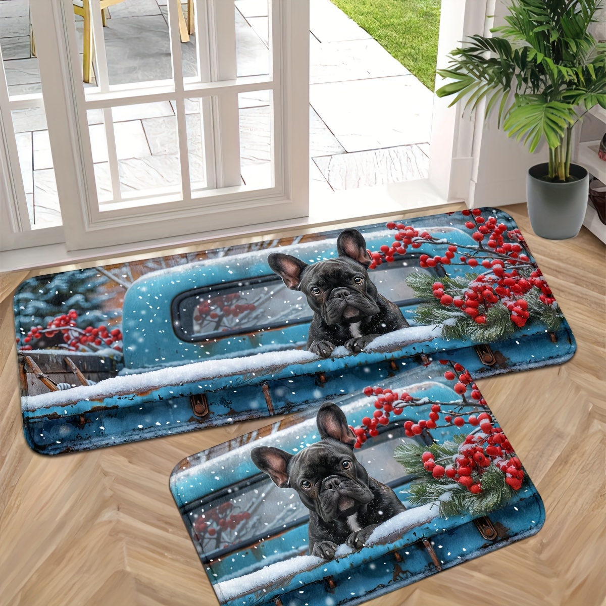 

French Bulldog Christmas Doormat Set - Non-slip Indoor Entrance Rug For Kitchen, Bathroom, Laundry Room - Washable Thick Carpet Runner For Outdoor Decor