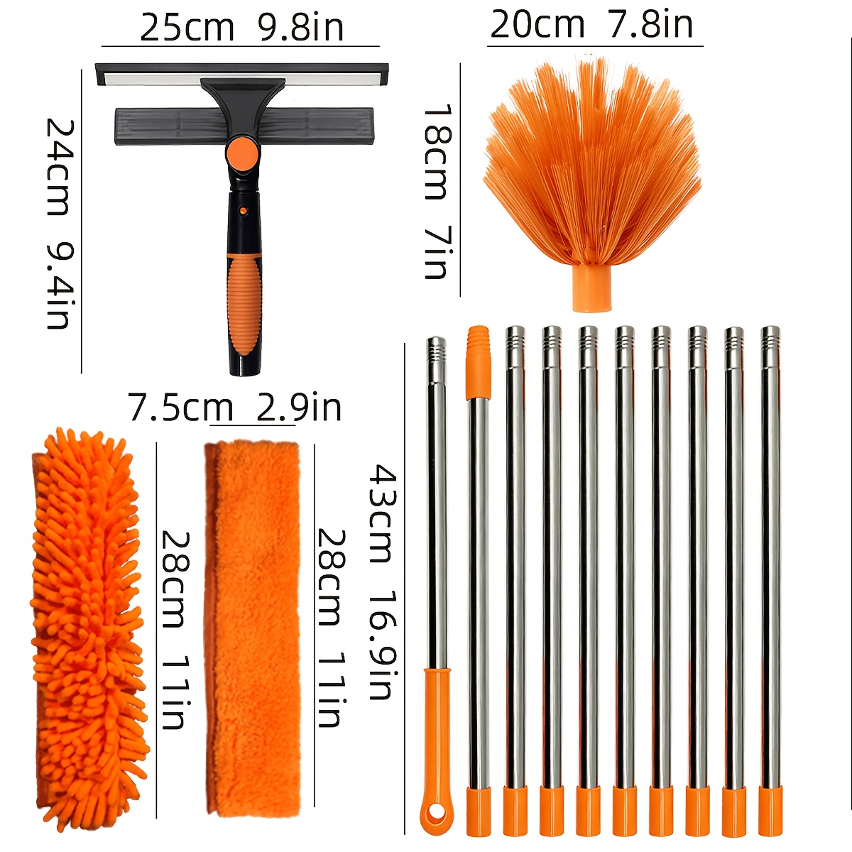 TEMU Premium 16.7ft High Reach Window Cleaning System, Equipped With Stainless Steel Splicing Rod With 2-in-1 Squeegee & Microfiber Cleaning Heads,