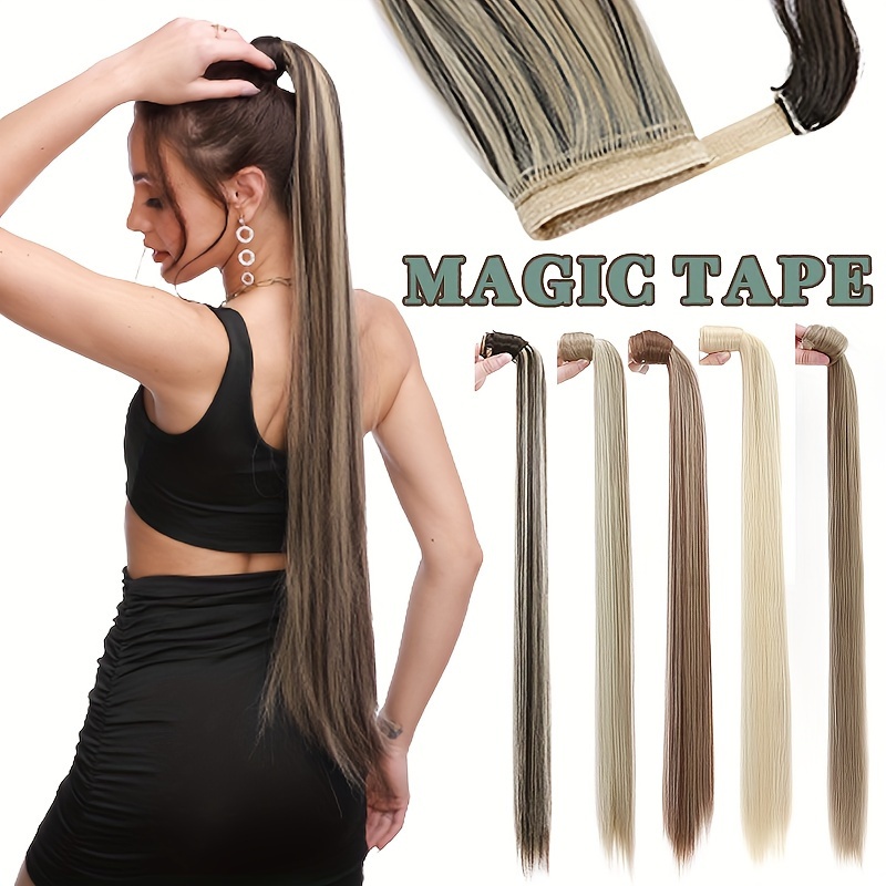 32 inch clip in wrap around ponytail extension long straight synthetic hairpiece with   tape soft versatile for   for parties cosplay everyday use details 0