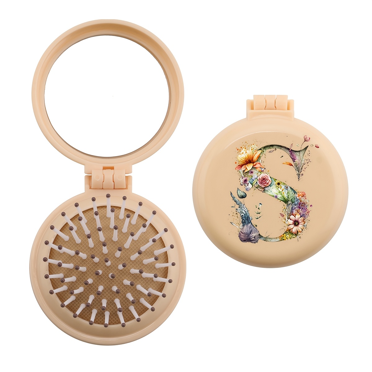Image of A Cute Mini Comb With 26 Floral Letters, Portable And Perfect For Travel, Featuring A Foldable Design That Includes A Mirror. An Essential Gift For Back-to-school And Camping
