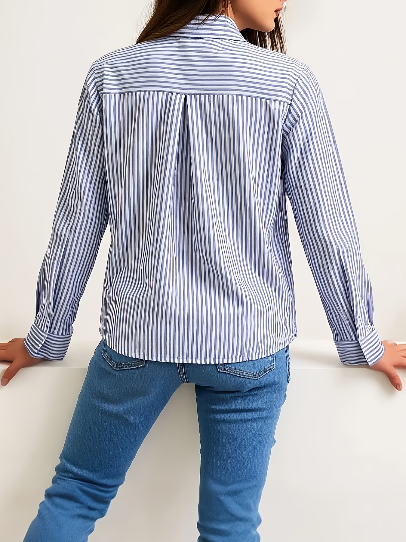 Elegant Striped Button-Up Shirt for Women - Chic Long Sleeve, Lightweight Polyester Blend, Versatile Blue with White Stripes, Ideal for Spring/Summer