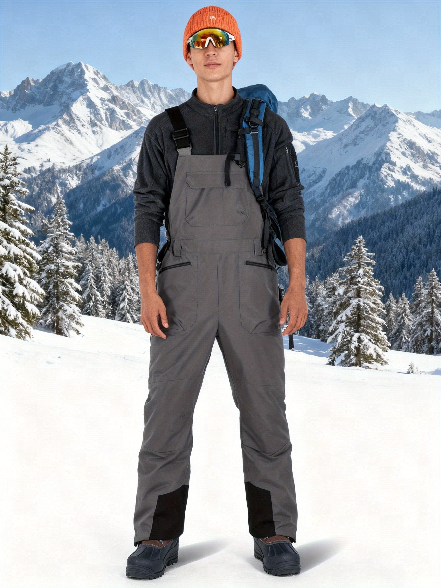 mens insulated ski bib pants windproof snow overalls with adjustable straps zippered leg   and multi pockets for winter outdoor sports