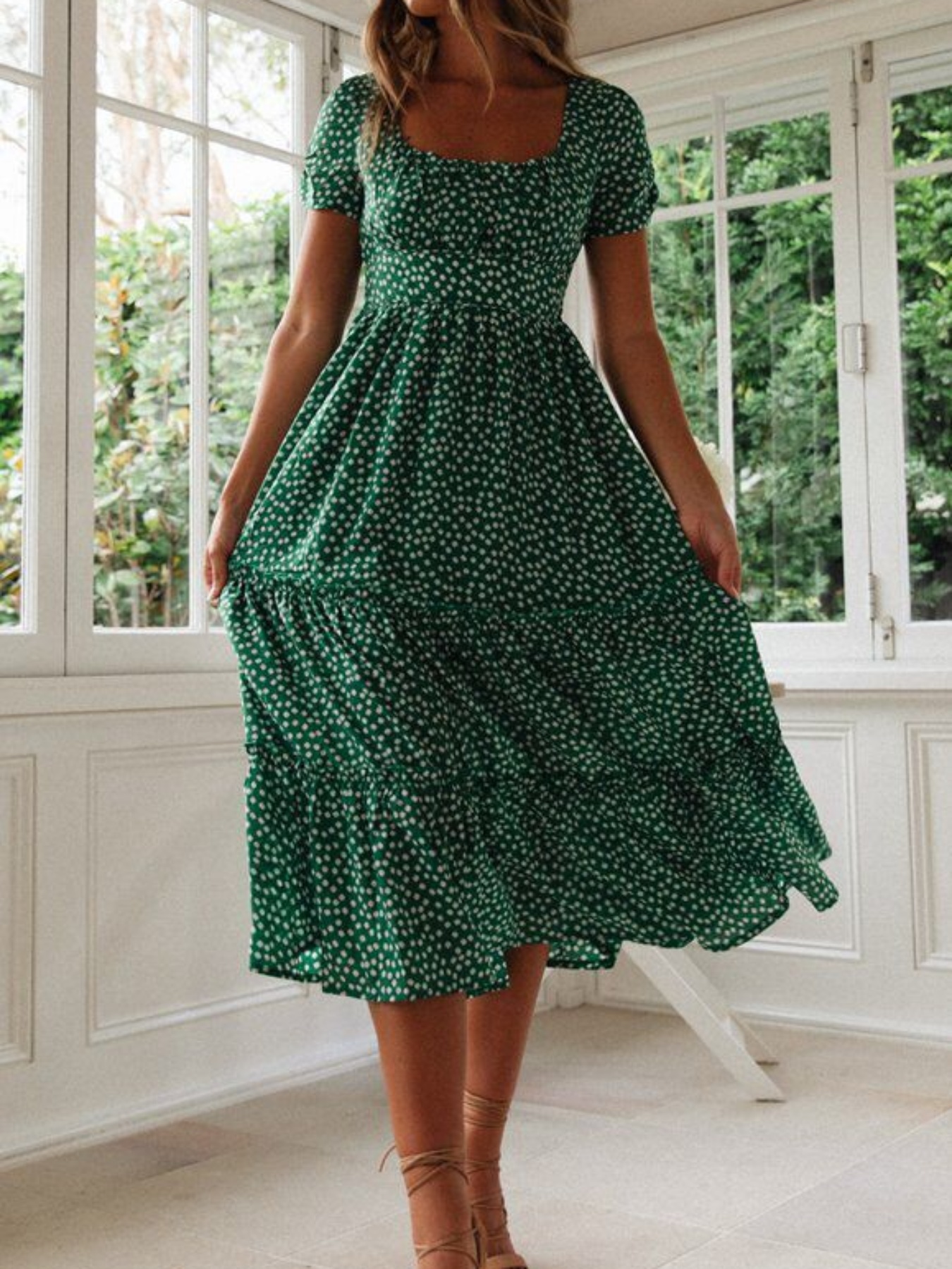 knee length dresses for ladies Blue Floral Square Neck Midi Dress – Inherit Co main image 1