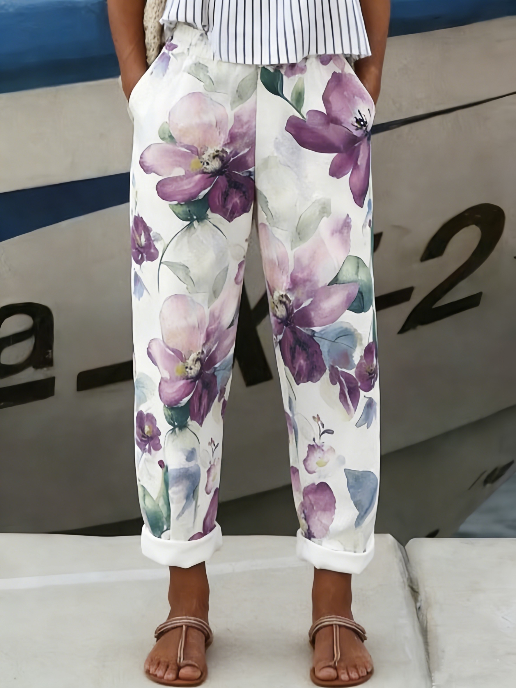 item picture plus size plus size spring and summer womens plus size casual printed straight pants comfortable for   breathable fabric versatile design with pockets elastic waistband for a loose fit womens trousers