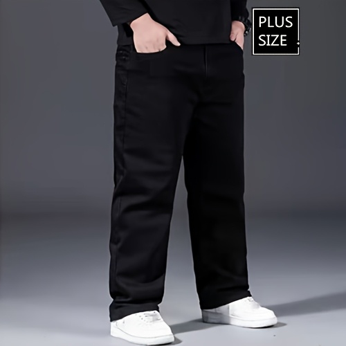 Plus Size Men's Solid Barrel Denim Pants For Spring Fall, Casual Trendy Jeans For Males