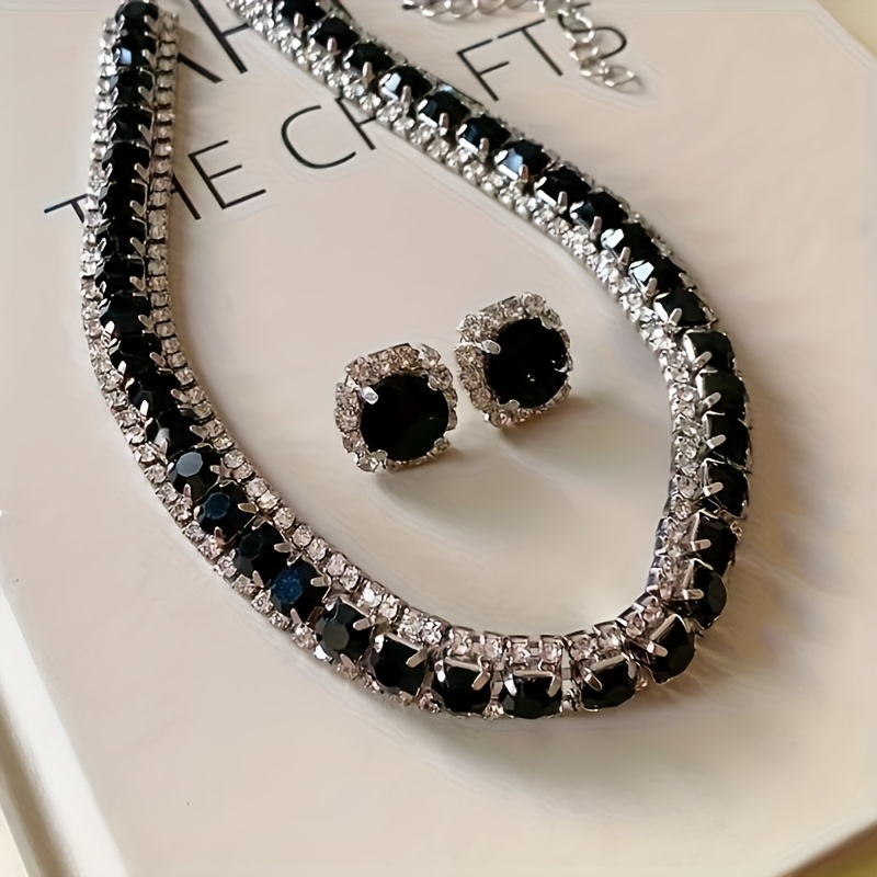 TEMU Classic Stylish Black Necklace And Earring Ensemble, Trendy Clavicle Chain Jewelry Collection, Perfect For Events, Celebrations, Dances, And