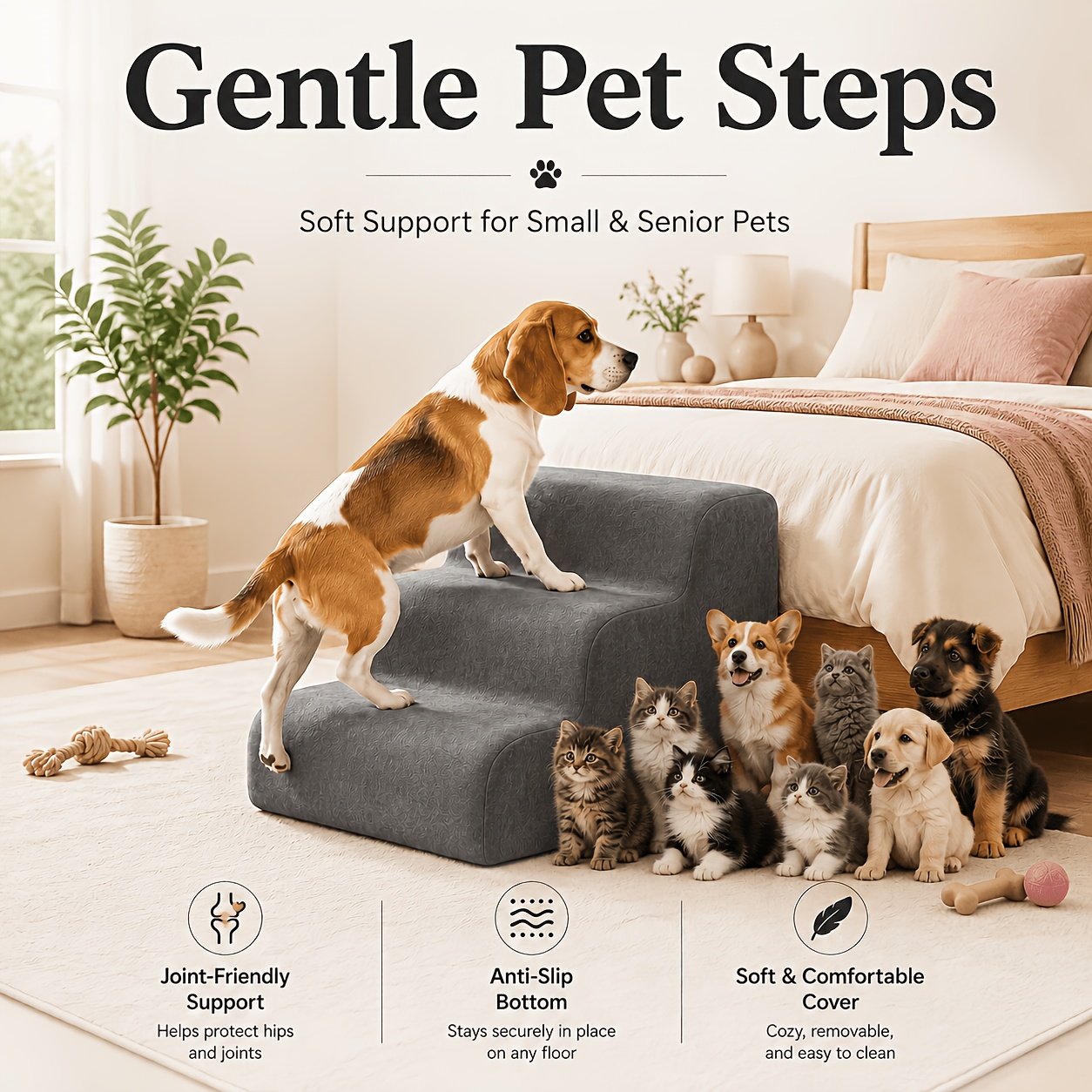 TEMU 2/3/4-step Dog Stairs For Small And Senior Dogs, Soft Dutch Steps With Non-slip Base, 11.8/15.7/19.7in Height Options, Joint- Stairs For Bed,
