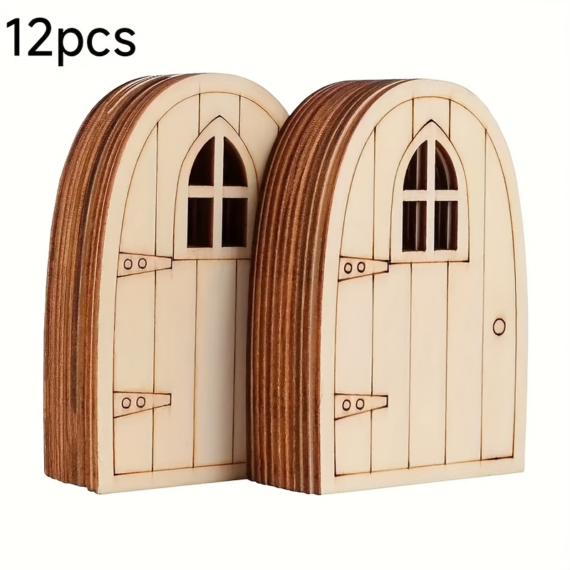 12pcs Wooden Fairy Doors, Garden Gates, Carved Wooden Crafts - Unpainted Mini Door Shapes, Suitable For Art, Dollhouses, And Garden Tree Decorations