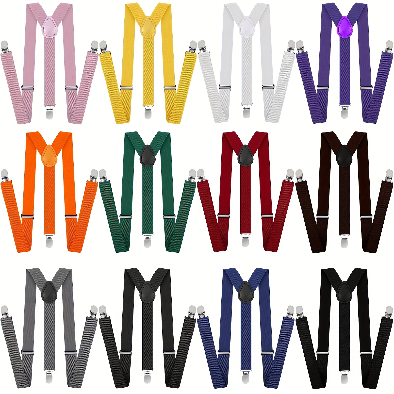 TEMU Set Of 12 Adjustable Y-back Suspenders Featuring Metal Clips, 1 Inch Wide, Suitable For Men And Women, In 12 Different Colors