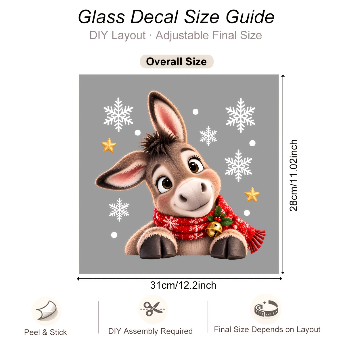 TEMU 1pc 30 X 37cm Christmas Window Clings, Cute Donkey With Scarf Snowflake Star Static Window Decals, Merry Christmas Glass Window Decorations For