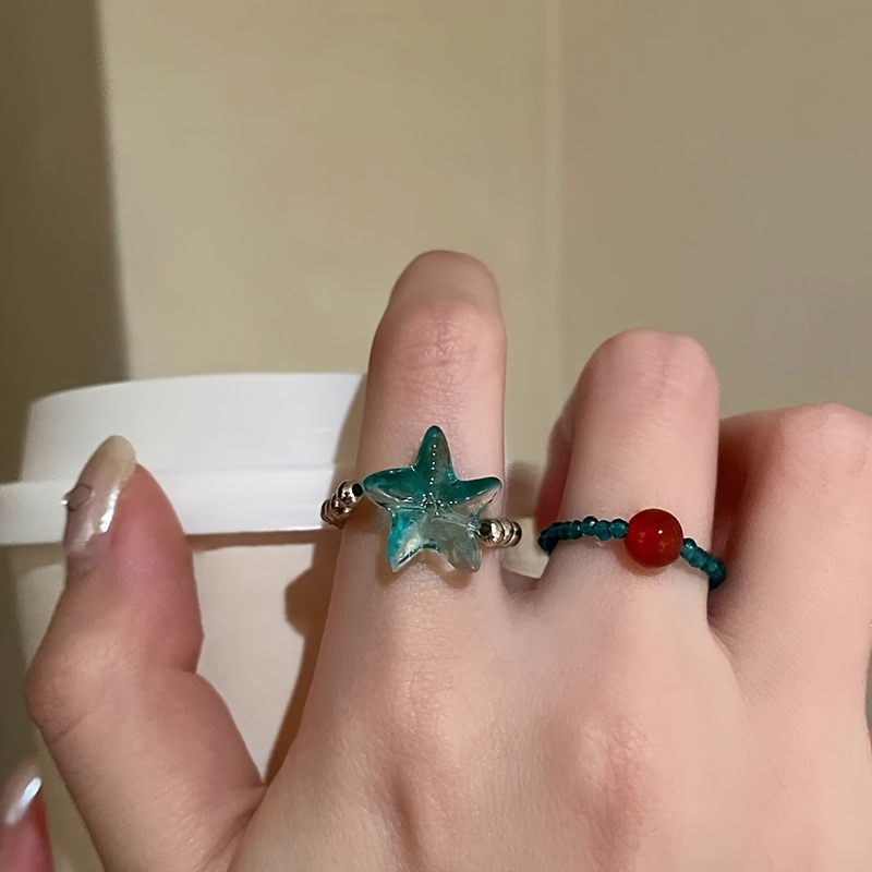 Adjustable Boho Starfish Ring with Green Beads