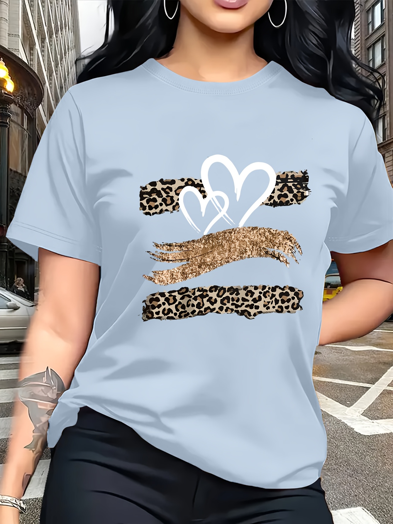 Leopard Print Heart Glitter-themed Pattern Print, Fashionable Breathable T-shirt, for Family Travel,, Casual S, Daily Commutes, Matching Outfits for Sisters, Versatile T-shirt 30057