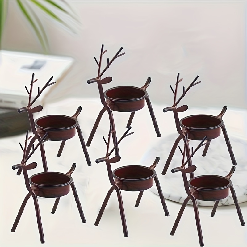 

6pcs Reindeer Candle Holder Set - Vintage Metal Christmas Decor With Pine Cones, Perfect For Table Centerpieces & Holiday Gifts