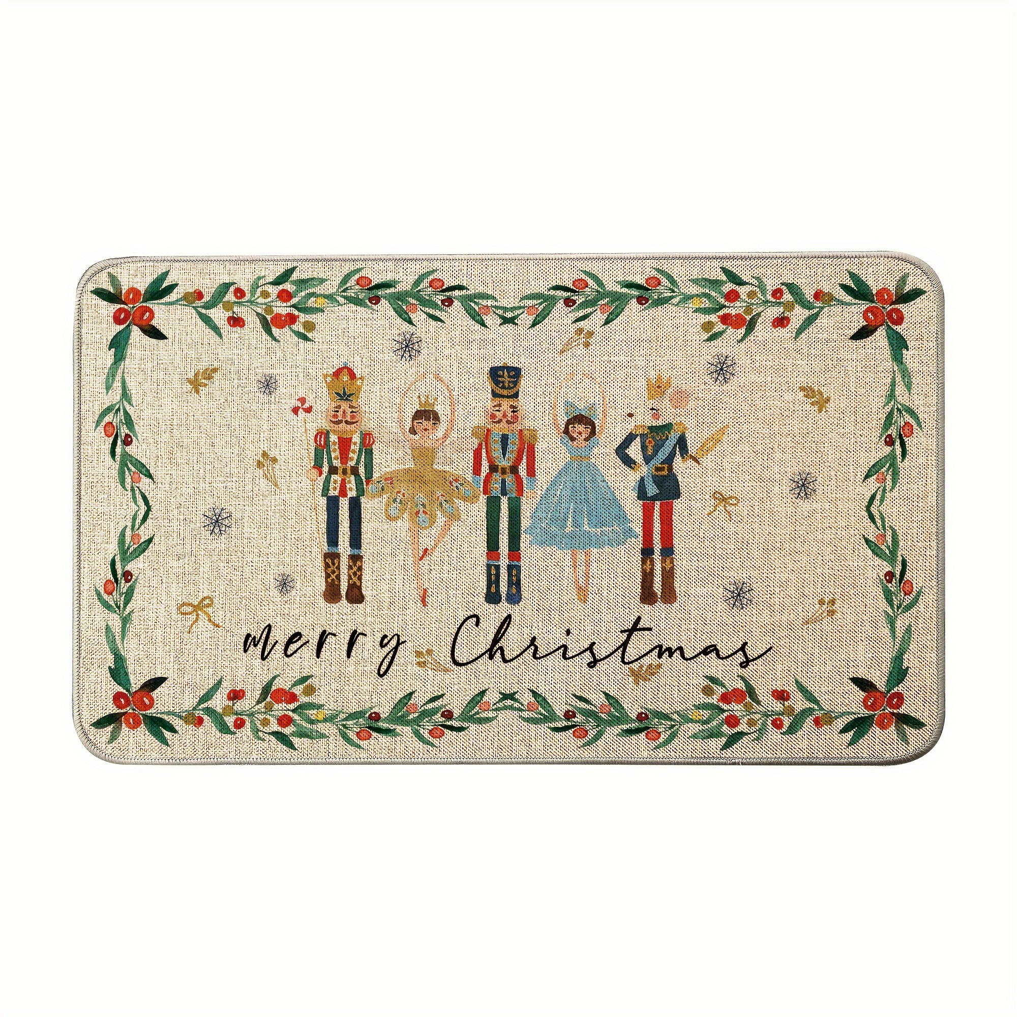 Image of -1pc Watercolor Nutcracker Merry Christmas Welcome Decorative Door Mat, Seasonal Winter Low-profile Rug For Indoor And Outdoor Kitchen 17x29 Inches