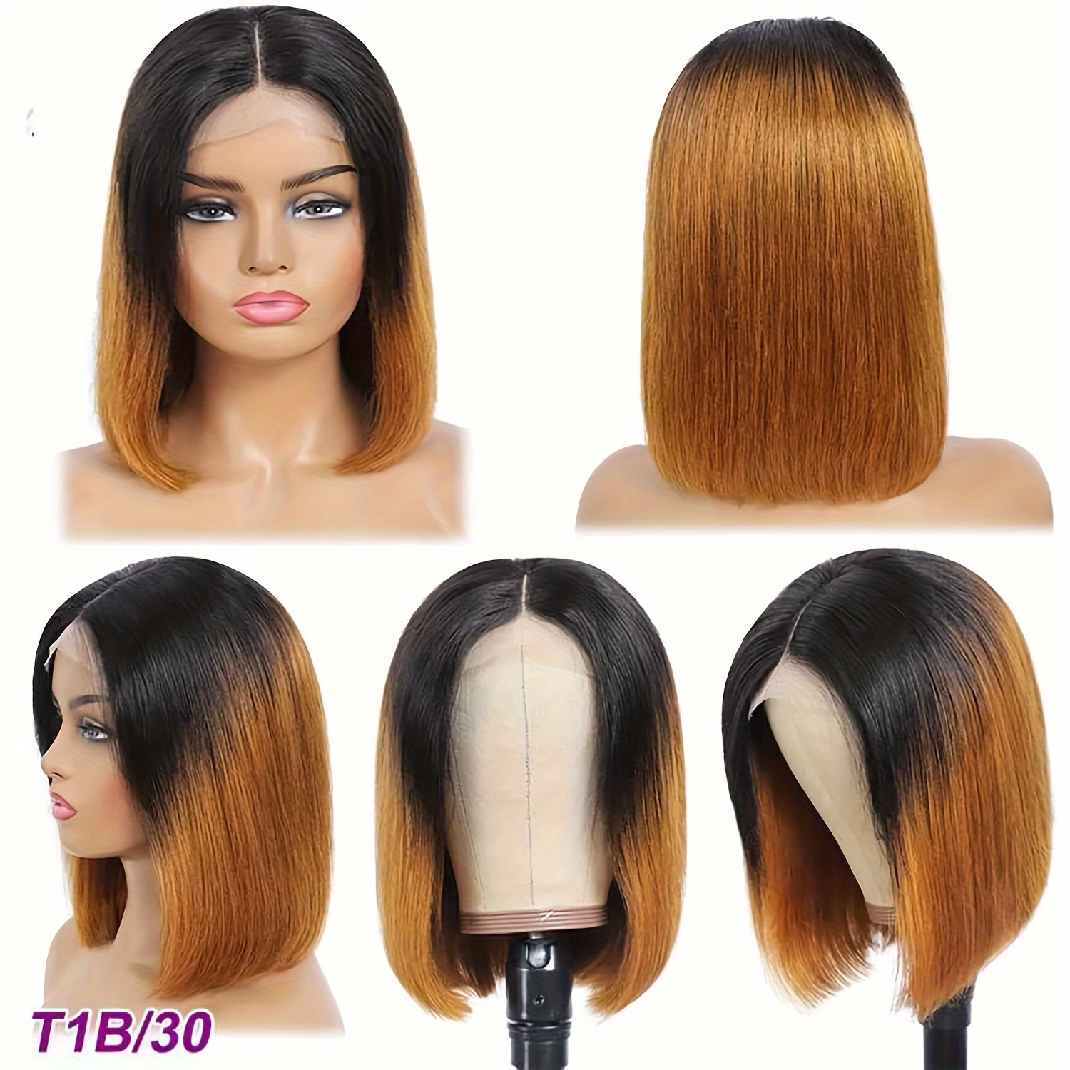 TEMU Ombre Brown 4x4 Bob Wig 150% Density Human Hair Wigs For Women - Pre- Lace Closure, Short Straight Bob Style, Natural Look & Versatile Styling For All