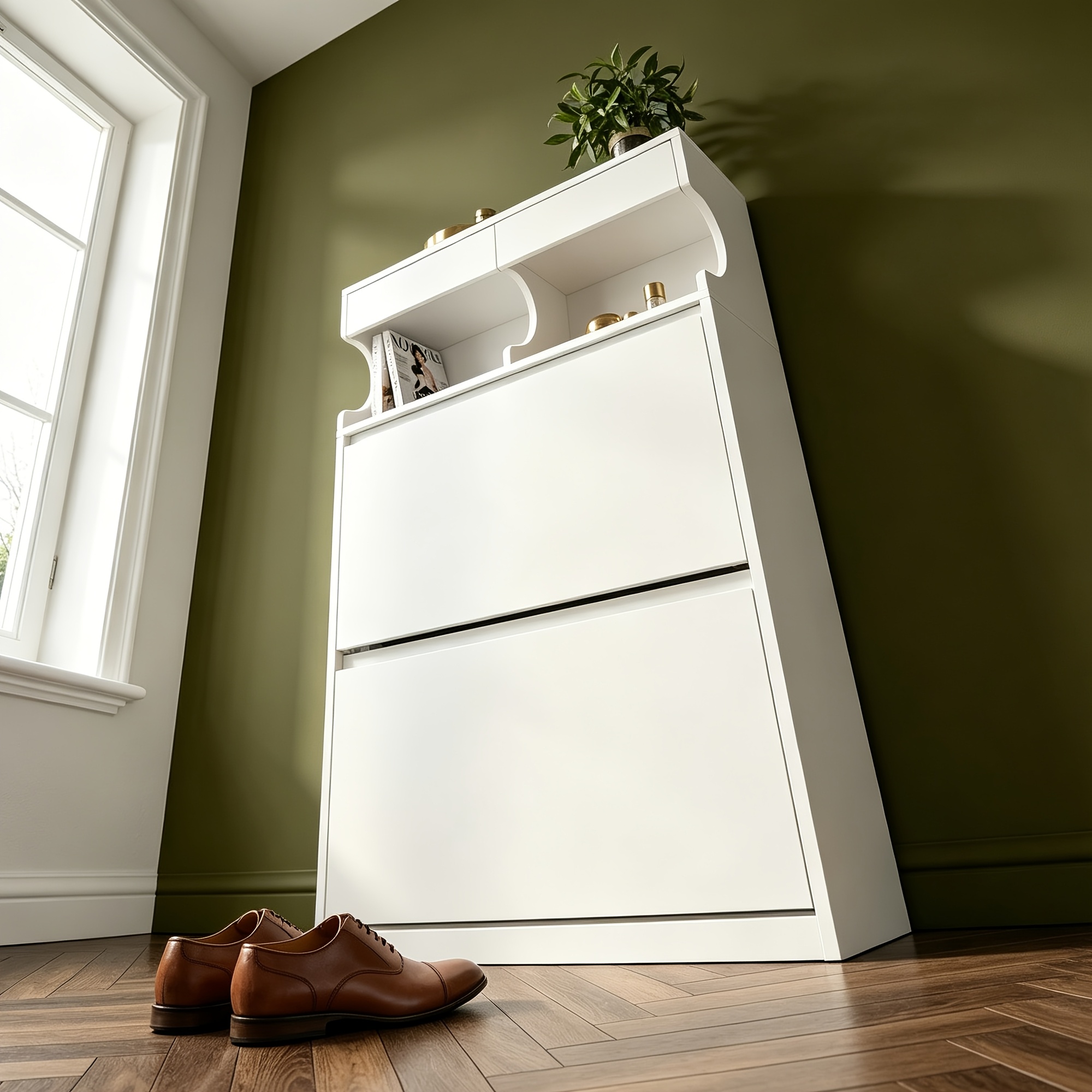 Image of Minimalist White Narrow Shoe Cabinet; Multi-functional Storage Cabinet For Entryway And Hallway; Adjustable Design With 2 Flip-down Drawers For Large Capacity