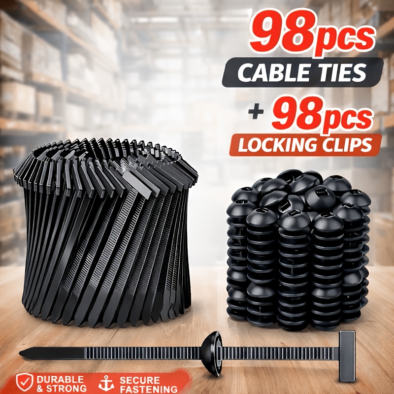 TEMU 98pcs Durable Self-locking Nylon Cable Ties With Black Plastic Buckles - High-strength Uv-resistant Fasteners, Suitable For Car Repair, Home And