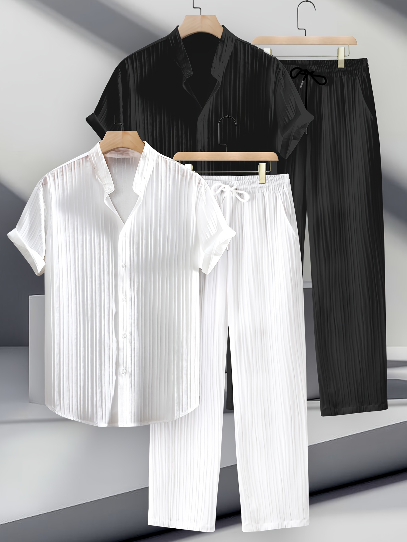 Men'S 4pcs Set, a Combination of Striped Casual Short-Sleeve Shirts And Casual Pants, Featuring a Stand-Up Collar Top, Easy And Solid-Colored, Suitable for Everyday Wear And Beach Vacations, Comfortable Outdoor Attire for Spring And Summer