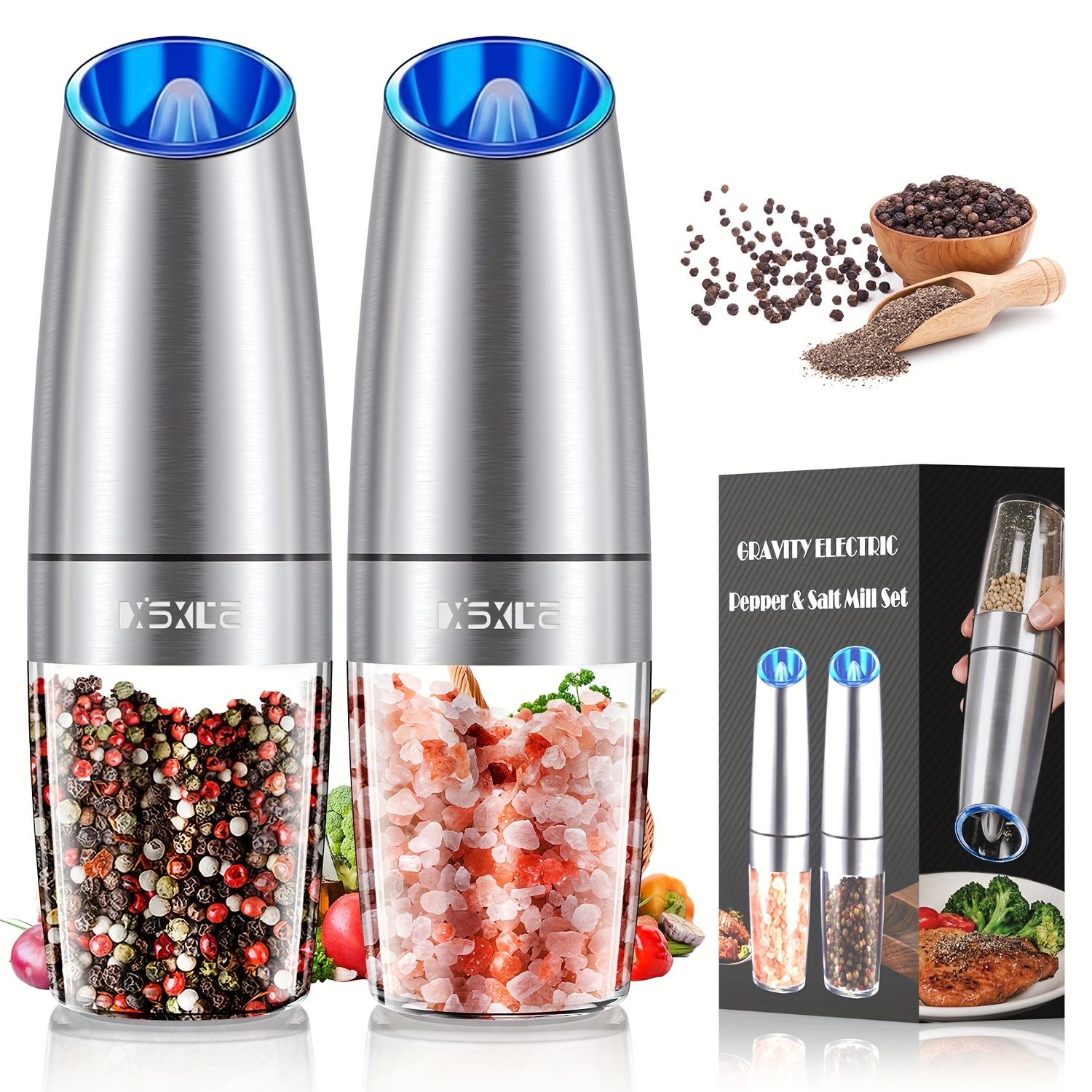2 Pack Gravity Electric Salt And Pepper Grinder Mill Shaker Adjustable Automatic