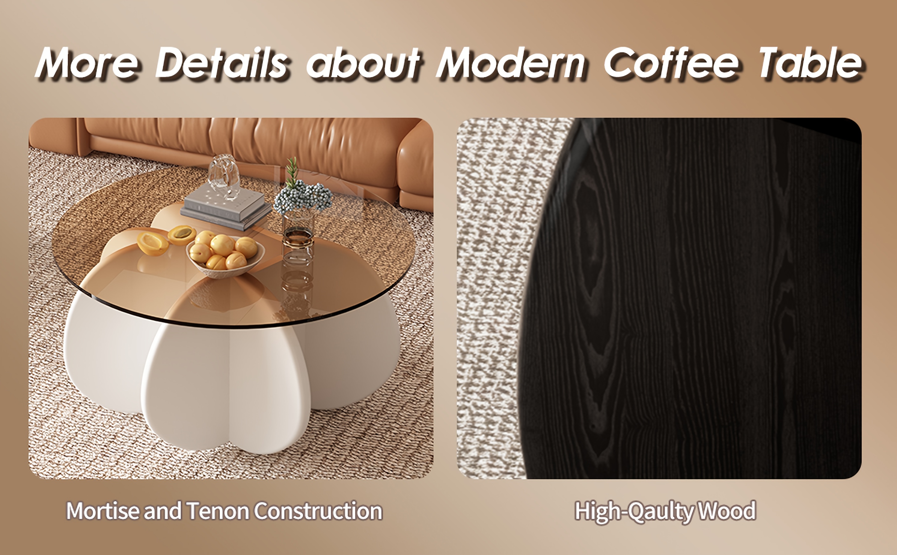 31.5'' Round Glass Coffee Table, Center Table with Tempered Glass-Top for Small Space, Modern Round Coffee Table for Living Room, Home, Office, Easy Assembly. (Brown + Brown), Living Room Coffee Table, Coffee Tables with Storage