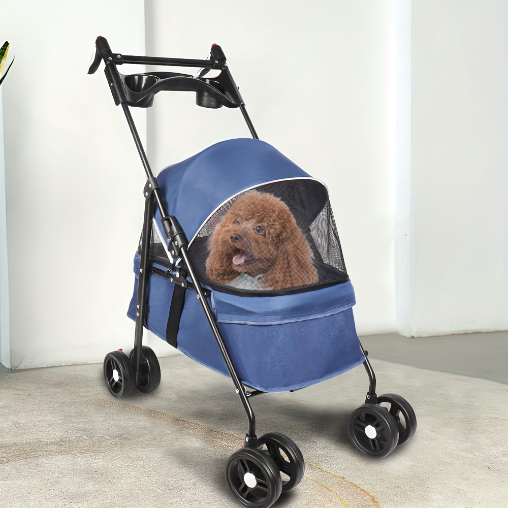 Foldable Dog Stroller, 4 Wheels Pet Strolling Cart For Medium/small Dogs And Cats, Foldable Cat Jogger/dog Stroller, Lightweight Foldable Compact Portable Jogger Travel Under 15kg Blue(50x70x95cm)