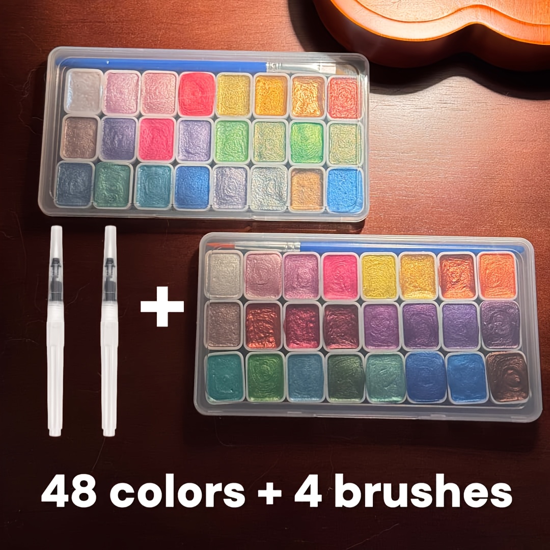 48-color Pearl Solid Watercolor Paint Set With 4 Paint Brushes, Vibrant Portable Art Painting Kit For Beginners, Students, Artists, Travel Sketching, Crafts, Illustration And