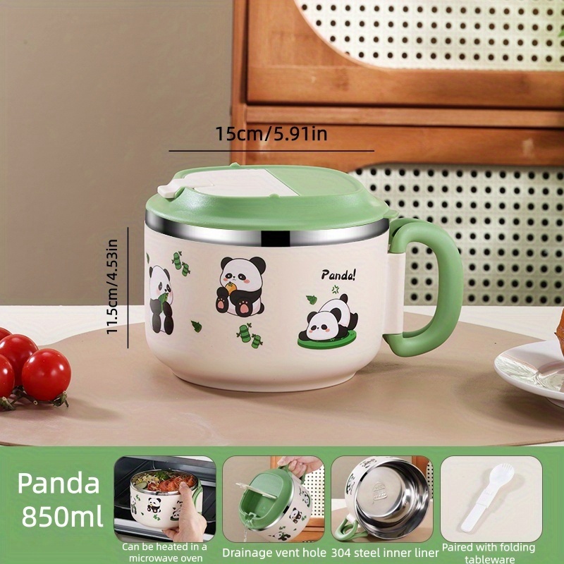 TEMU 304 Stainless Steel Cartoon Insulated Bowl, 850ml, , Double-layer Insulation, 304 Stainless Steel Liner, Multi-functional Drainage Holes,