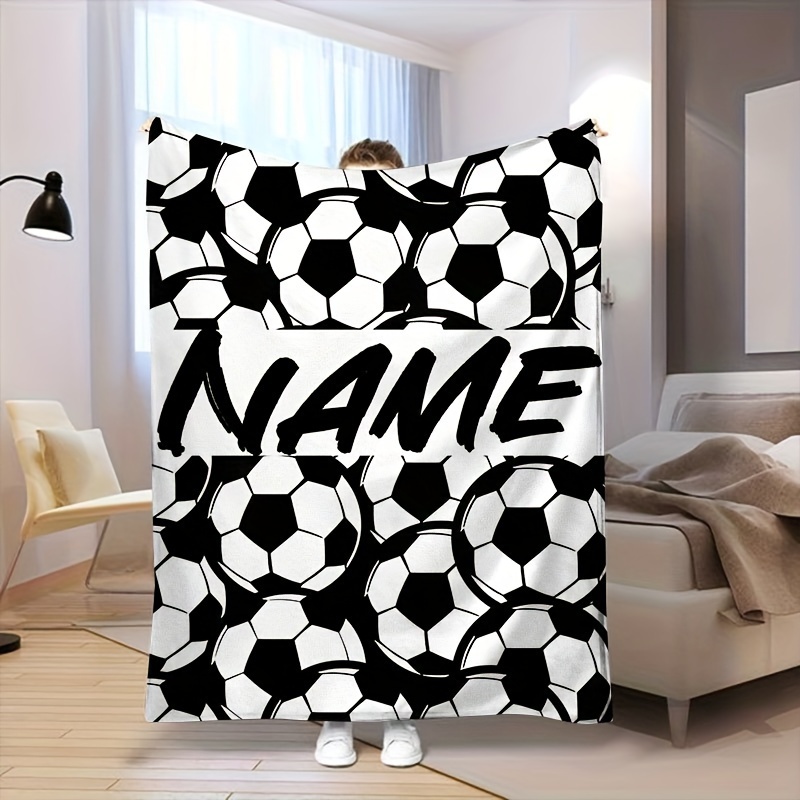 

Customizable Name Soccer Ball Pattern Flannel Fleece Blanket - Hypoallergenic, Lightweight Microfiber Plush Throw For Couch, Bed, - Contemporary Style, Machine Washable