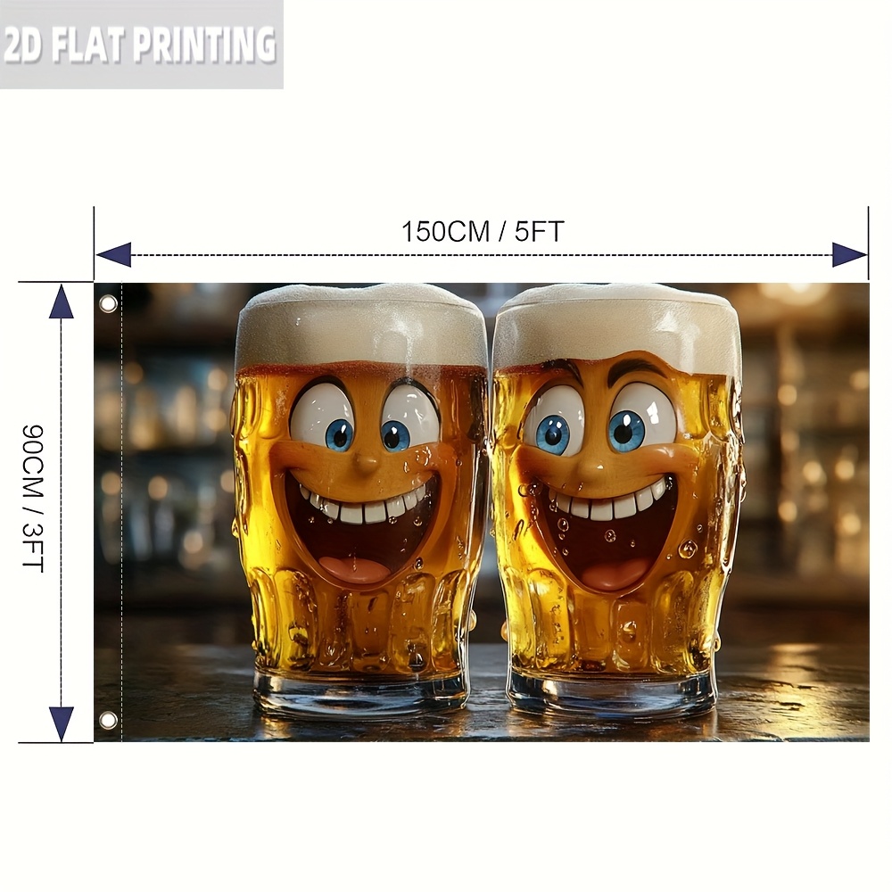 Image of 2d Flat, 1pc, Humorous Beer Glass Flag, Polyester Fabric Popular Flag 2d Flat Printing Single-sided, Soft 150×90cm ( Pole), Ideal For Home, Garden, Yard & Outdoor Decor, 105gsm, 2d Flat