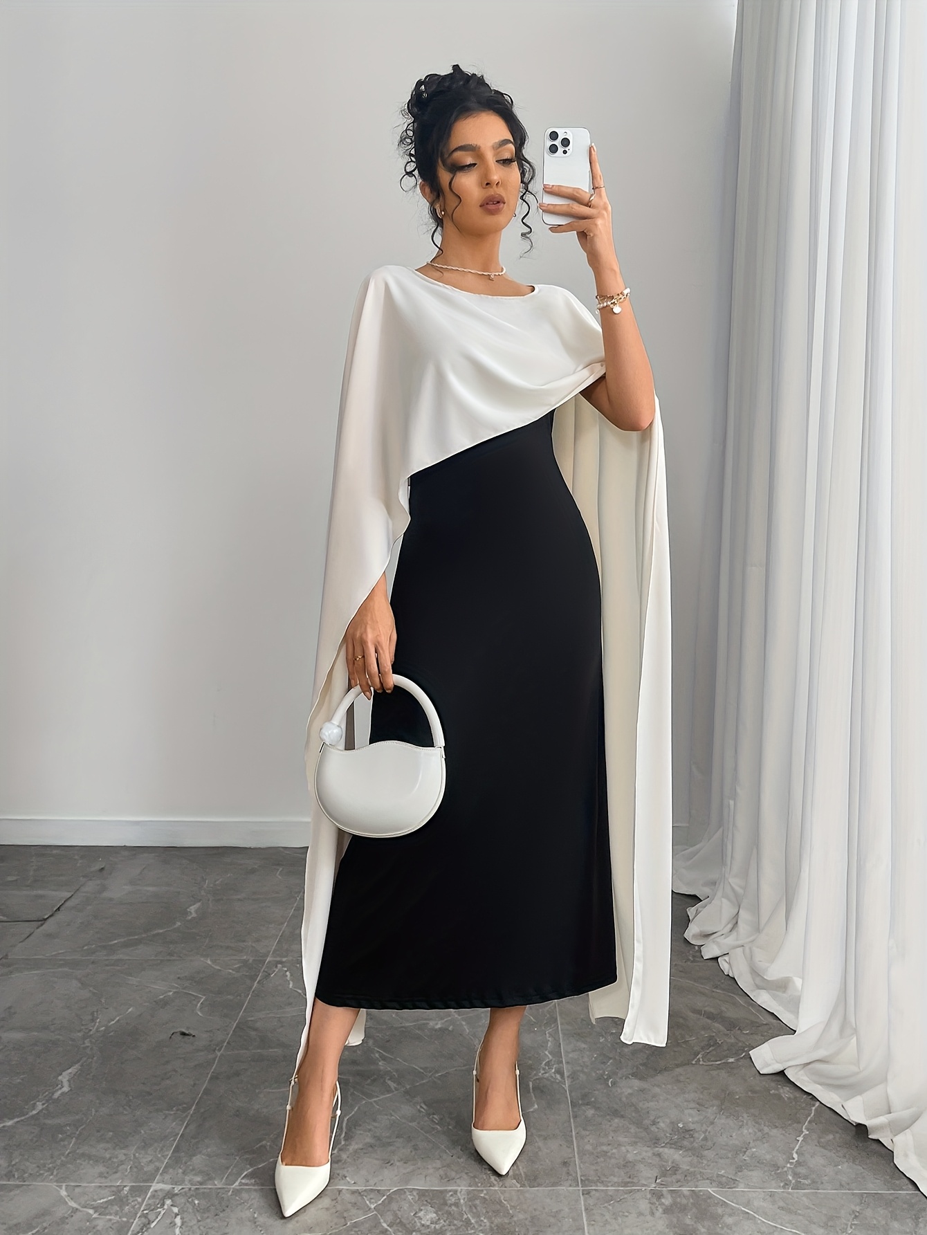 Women's Elegant Color-Block Cape Sleeve Party Dress - Black & White  Contrast Round Neck Semi-Sheer Sleeve Machine Washable * Versatile Formal
