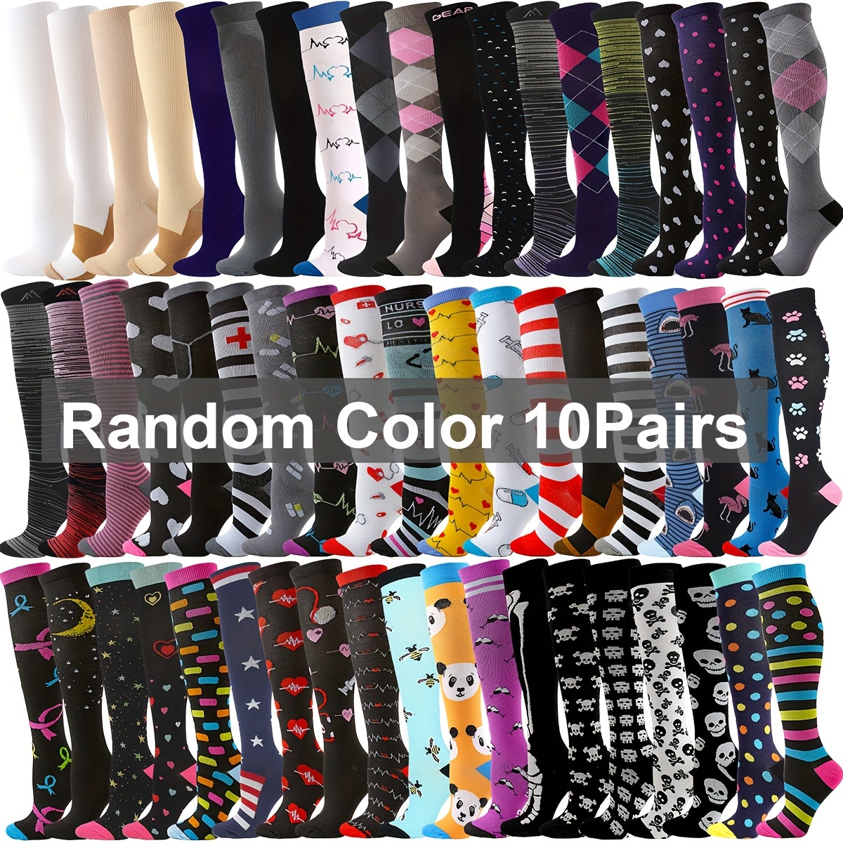 

10 Pairs Athletic Socks For Men & Women - Knee-high Nylon Blend, Geometric Pattern, Knit Fabric, Spandex 25%, Machine Washable