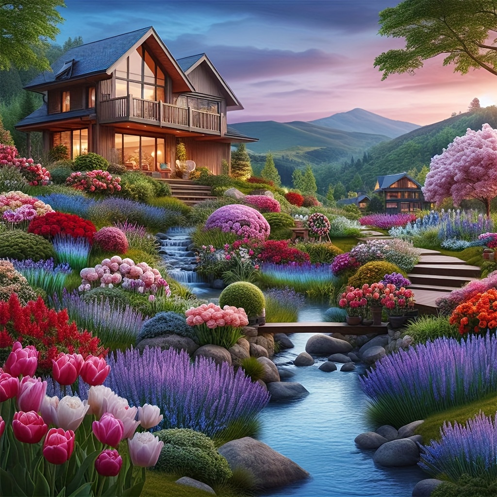 

5d Diy Flower Garden Diamond Painting Kit With Round Acrylic Diamonds - 40x40cm - Home Wall Art Decoration & Beginner Craft Set