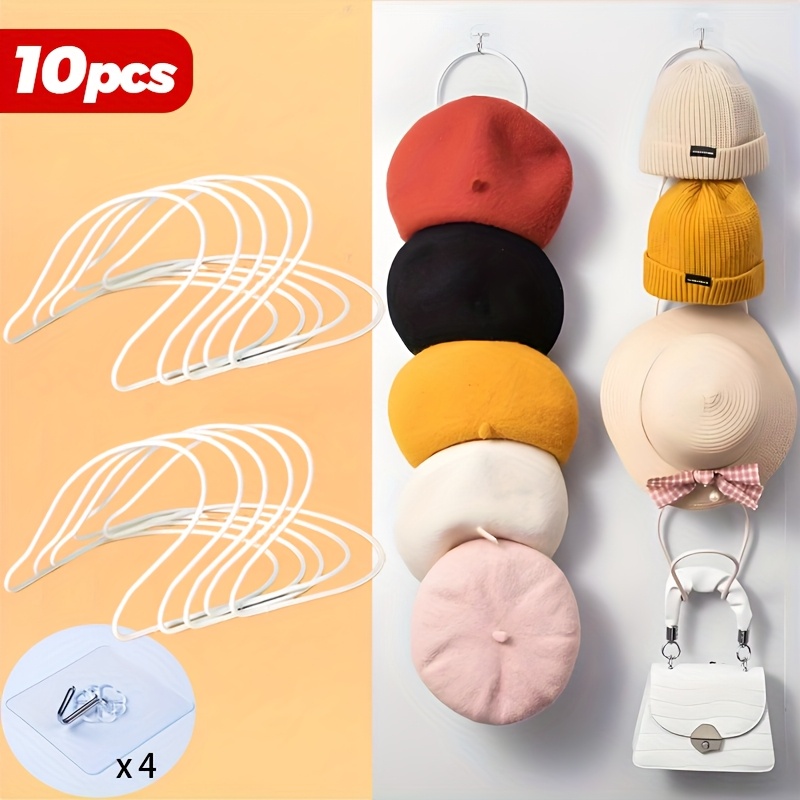 10pcs No-drill Hat Organizer, White And Pink, 2 Colors, Durable Plastic, Wall-mounted Wardrobe Door Hanger, Multi-functional Scarf And Bag Storage