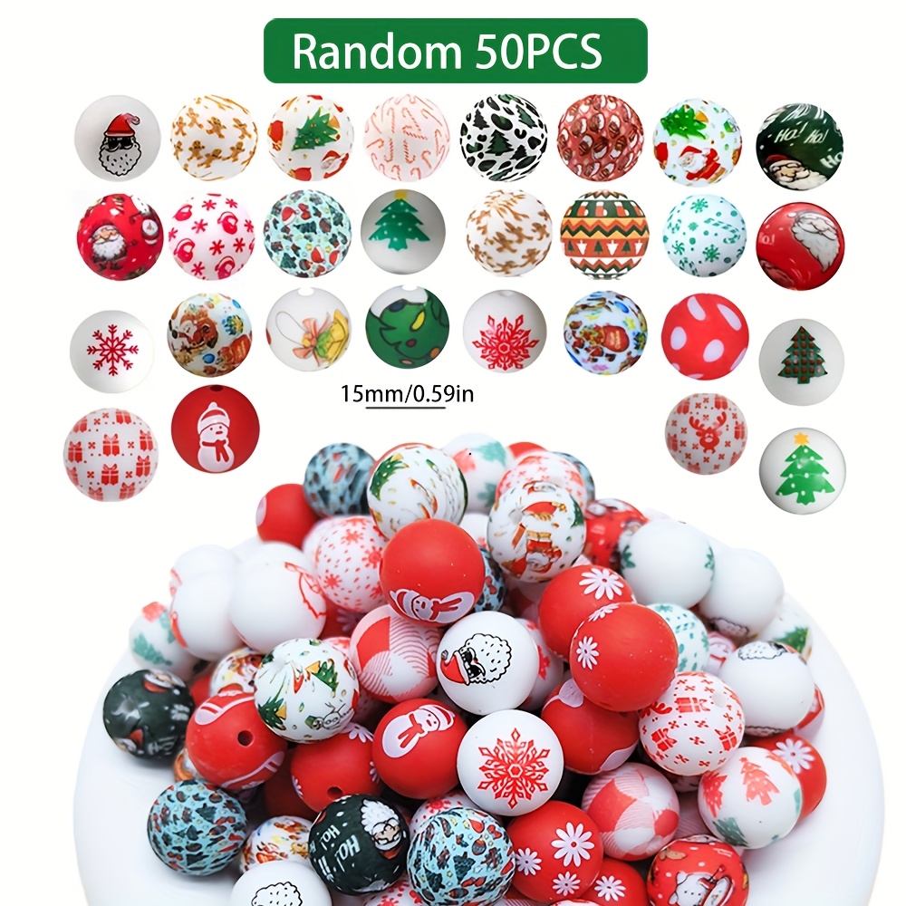 TEMU 50pcs Perles de Noël en Silicone 15Mm | Assortiment d'Arbre de Noël, Père Noël, de Neige, , Boîte Cadeau, Éléments de de Neige Pour Décoration