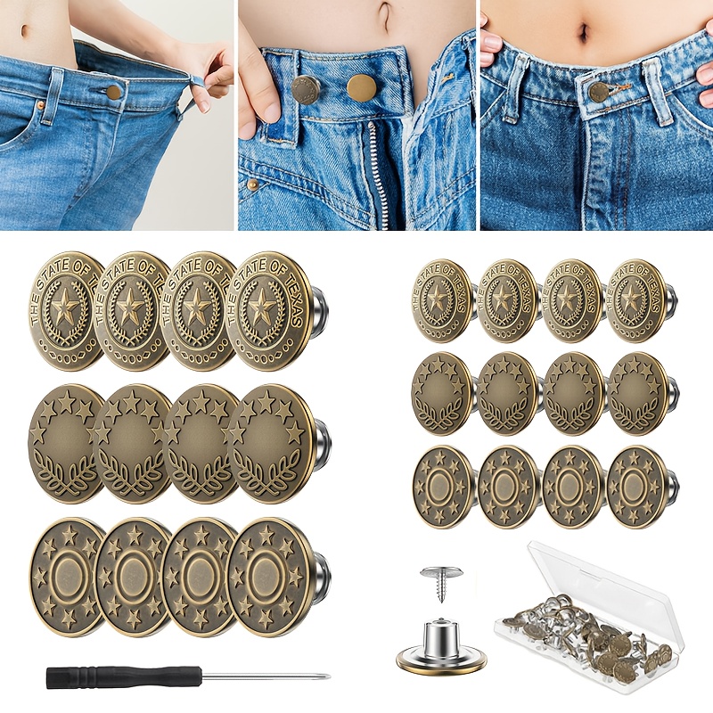 24 No-sew Jeans Buttons Kit, 17mm/20mm Button Replacement Adjustable Pants Button Tightener, Snap Tack Jean Clips To Tighten Waist , With A Box For Store, 3 Style For You