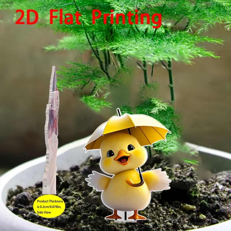 TEMU 2D Flat - , flache gelbe Ente mit einem gelben Schirm, lebendig und bezaubernd, geeignet für Gärten, Topfpflanzen, Rasenflächen und Gartenarbeit