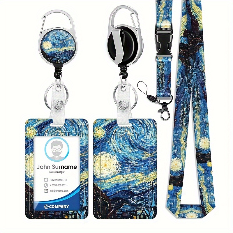 

1 Set Card Holder + Lanyard + Easy-pull Creative Oil Painting Style Star And With Easy-pull Lanyard Sliding Cover Card Holder Student Nurse Worker Portable Plastic Id Badge Card Holder