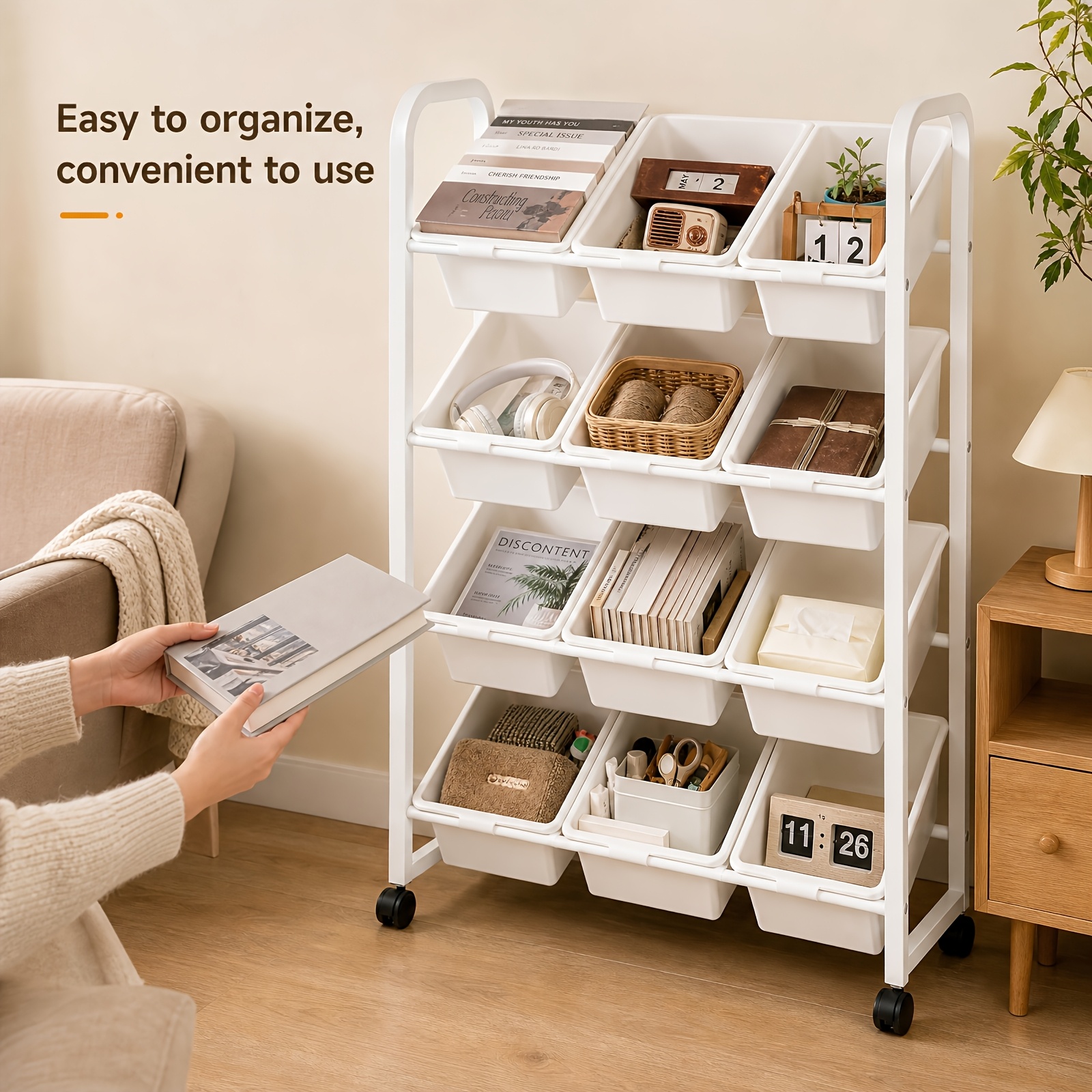 Rolling Storage Trolley Cart With 12 Removable Plastic Bins, 4-tier Mobile Storage Organiser Unit On Wheels, Storage Rack For Home, Office, Bedroom, Study, Craft Room, White