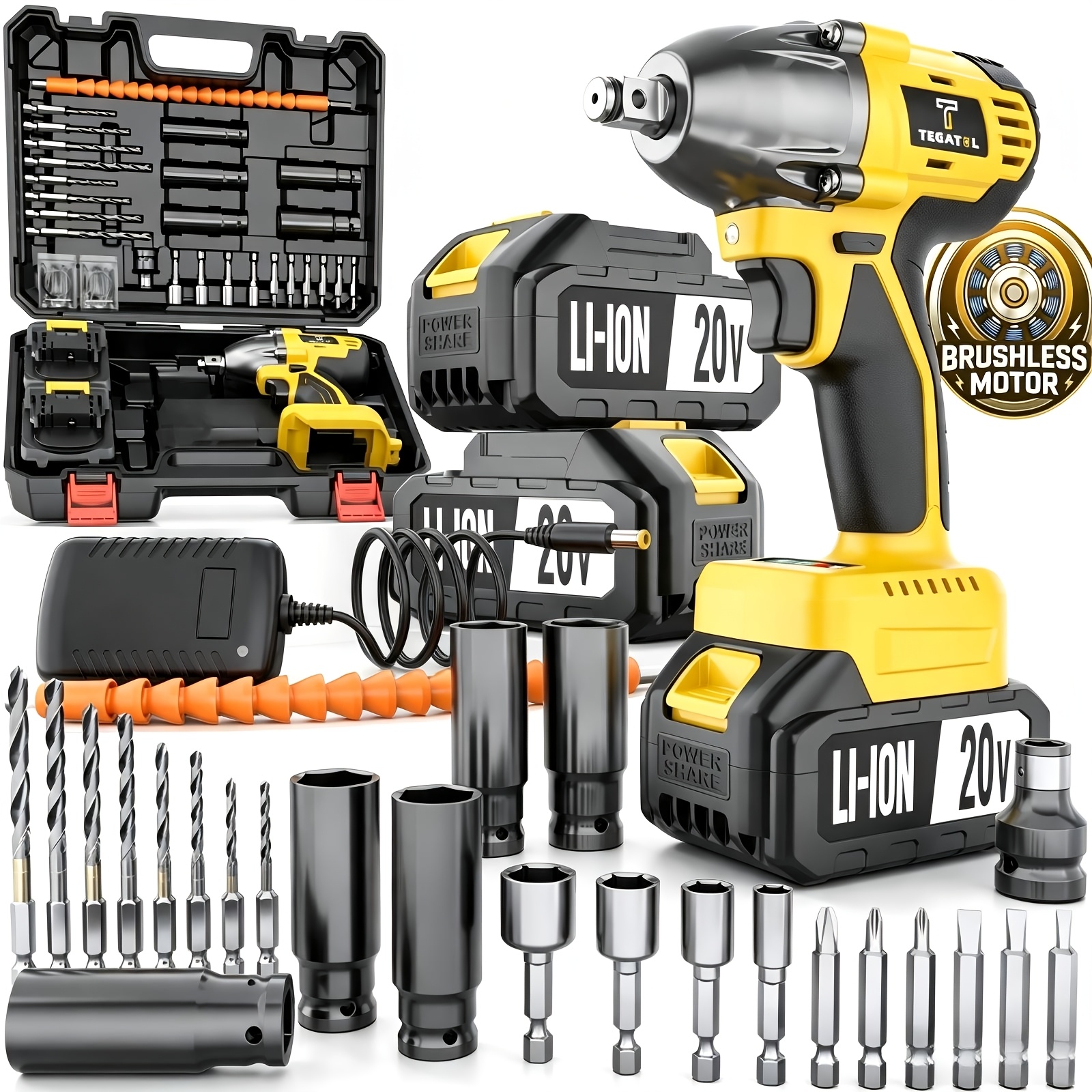 TEMU Clé à et perceuse 3-en-1 20V, avec moteur balais, batterie au lithium et douilles, boîte à outils, ajouts, clé à à couple , pour l'installation
