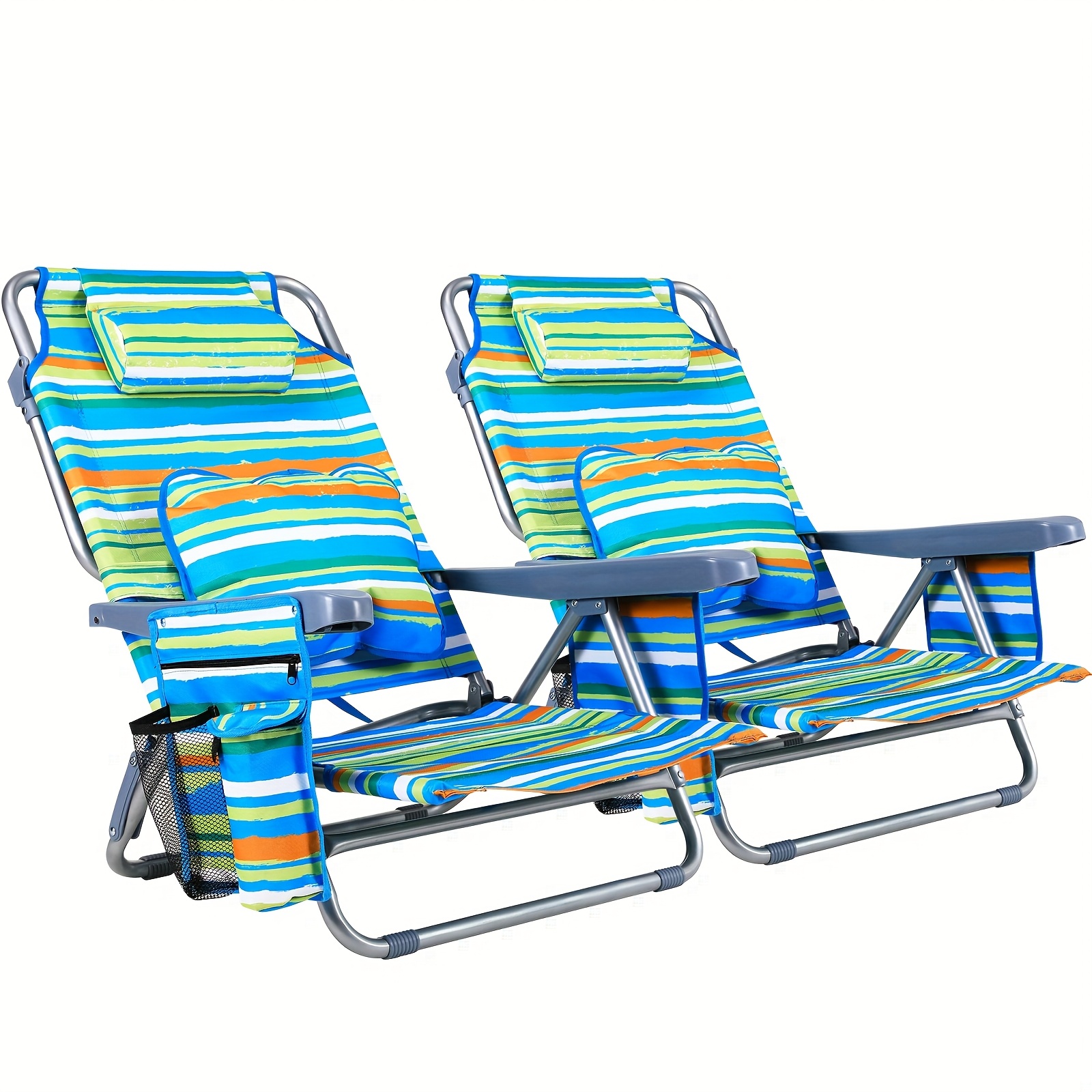 TEMU Sedia da Spiaggia Portatile, Seduta Pieghevole per Esterno, Schienale Regolabile a 4 Livelli con Braccioli/Borsa Portaoggetti/Cuscini Lombari