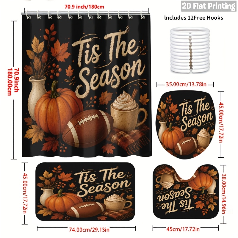 TEMU Soccer Event 2026 - 2d Flat, 2d Flat 4pcs Autumn Thanksgiving Day Leaves Pumpkin Football Theme Shower Curtain Set With Seasonal Decor For