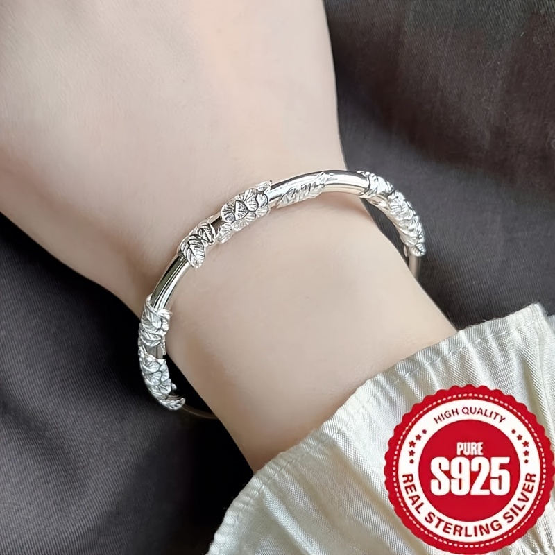 

925 Sterling Silver Floral Women's Bracelet, Low Allergy And Easy Sliding Design, And Solid , An Eternal Gift For Women On Day And Anniversaries