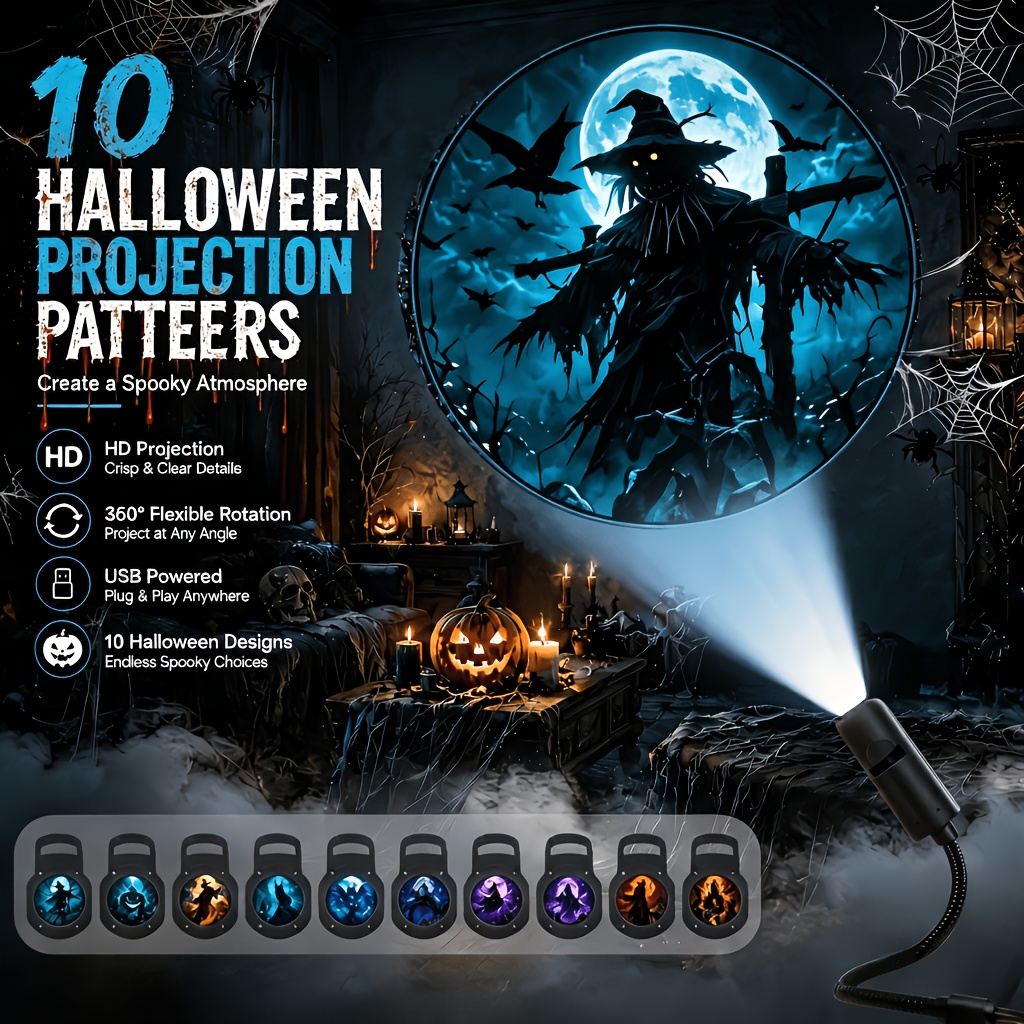 TEMU 1pc Halloween Projector – 360° Rotatable Usb Night Light, 10 Spooky Halloween Patterns, Suitable For Ceiling, Wall, Car, Party Decoration Gift,