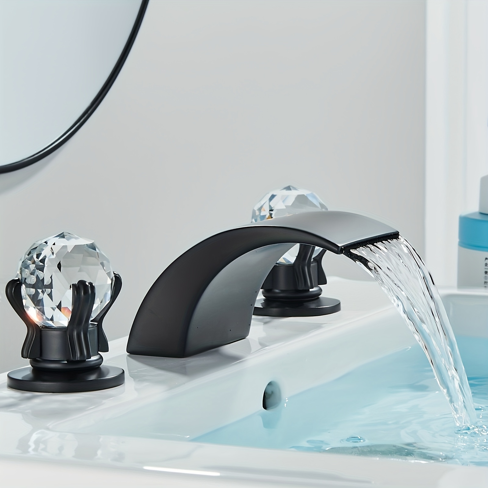 TEMU Led Bathroom Sink Faucet, 3 Colors Changing Led Waterfall Faucets With Dual Crystal Handles Basin Mixer Tap 3 Hole 8 Inch Vanity Faucet With