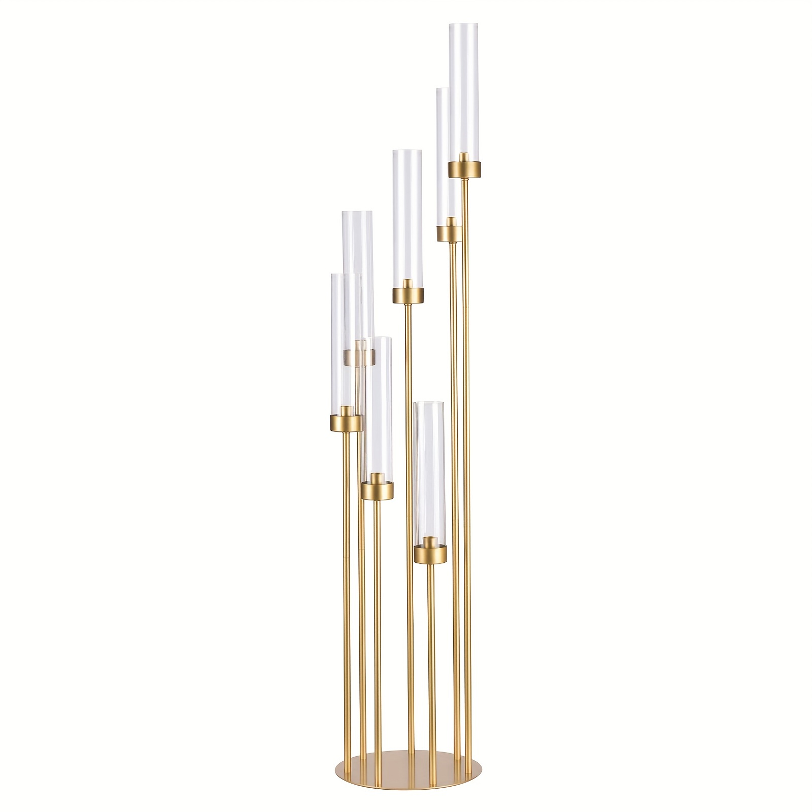 TEMU Wedding Floor Candle Holder For Festive Decor, Golden Metal 7-arm Candle Holder With Transparent Acrylic Lampshade For Wedding Decortion, Golden
