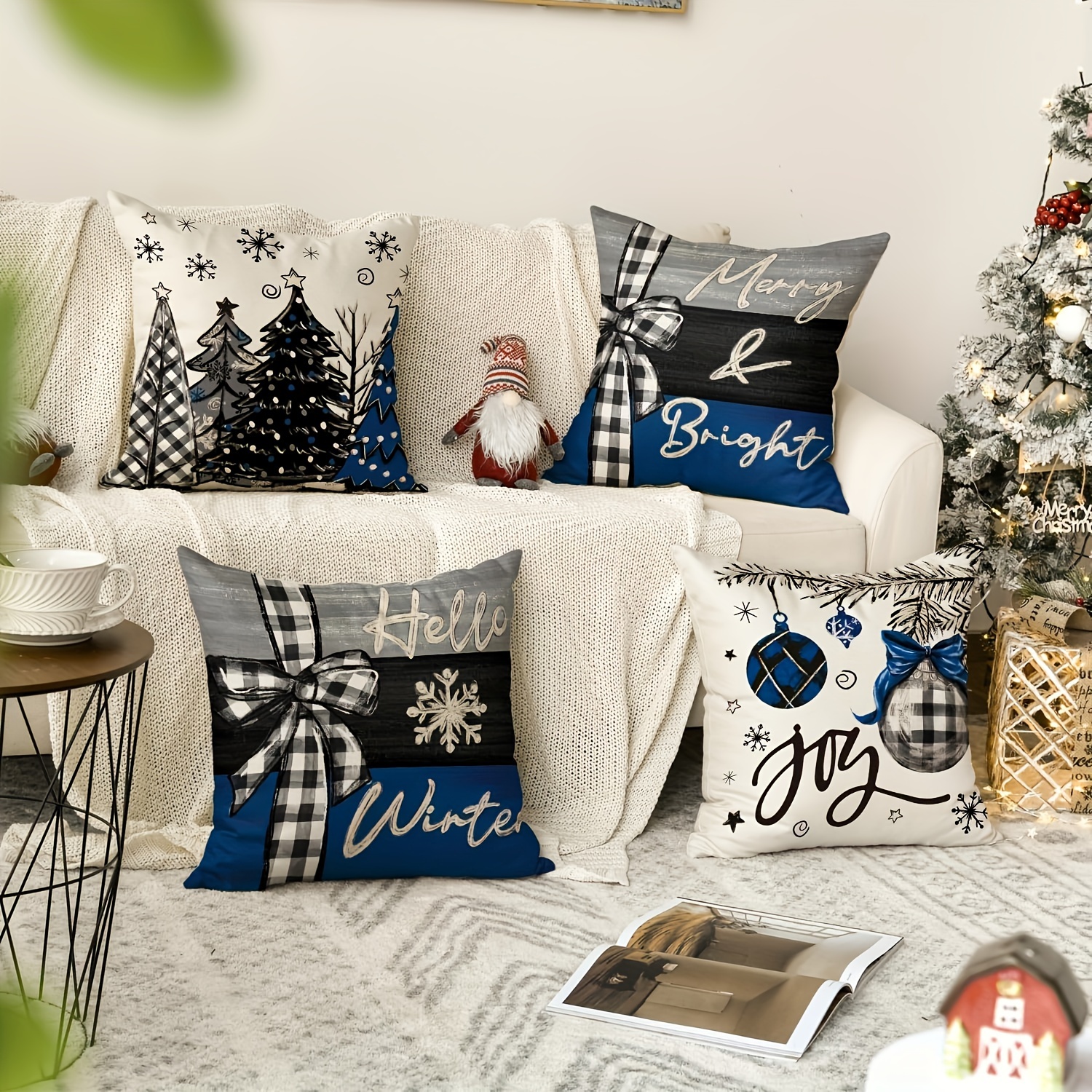 

4pcs, 4er Set Kissenbezüge Aus Ployester Mit Weihnachtsbaummotiv In Und , Weihnachts-winterferien-kissendekoration Für Sofa-sofa-set