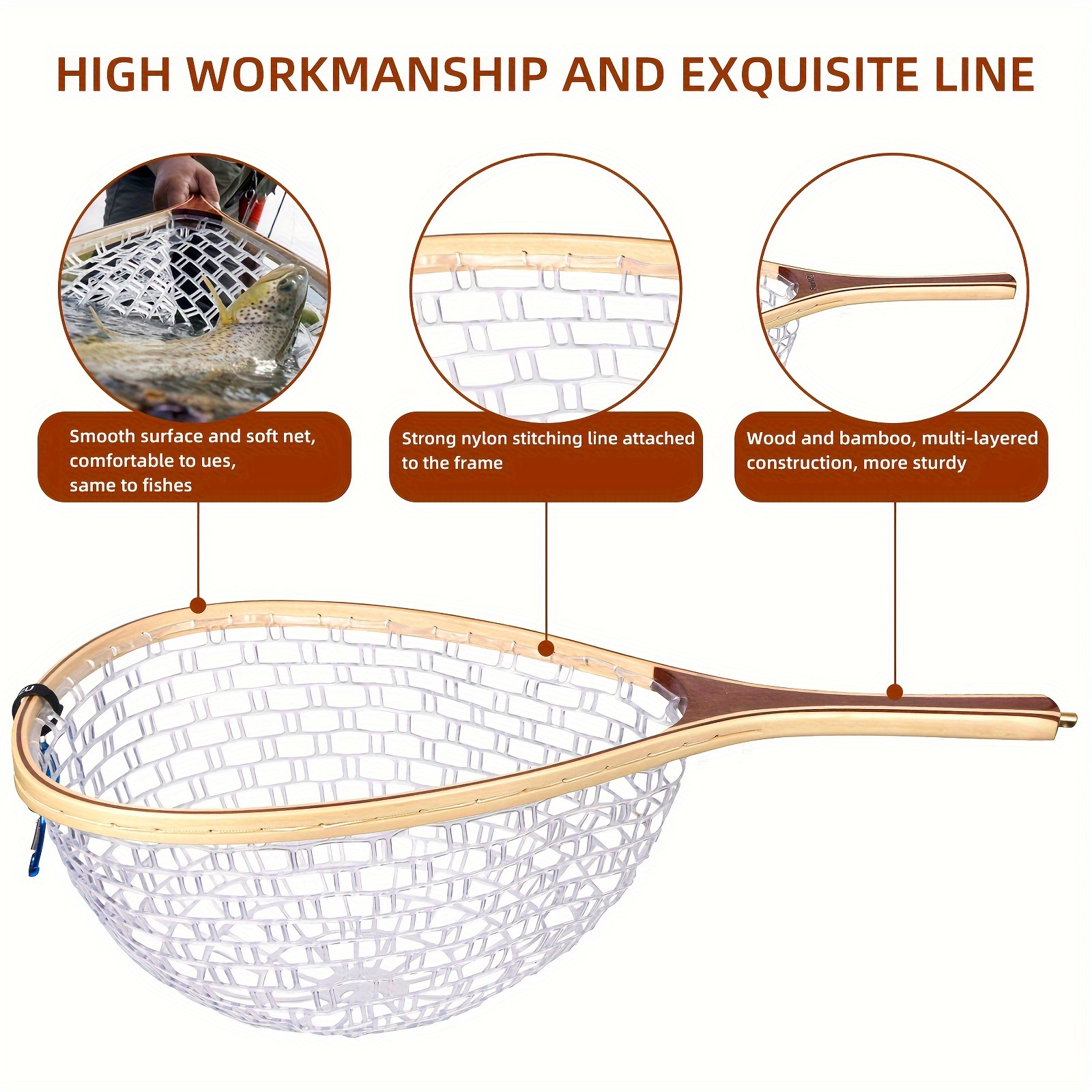 Maxcatch Fly Fishing Landing Net Trout Wooden Frame Soft Rubber Netting with Magnet Release