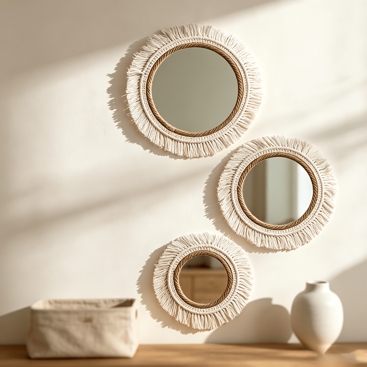 TEMU 3pcs Bohemian Tassel Round Wall Mirror Panel - Vertical Hanging Suitable For Plastic/wood/ Frame, Wood Base & Mirror For Coastal Decor, Macaron