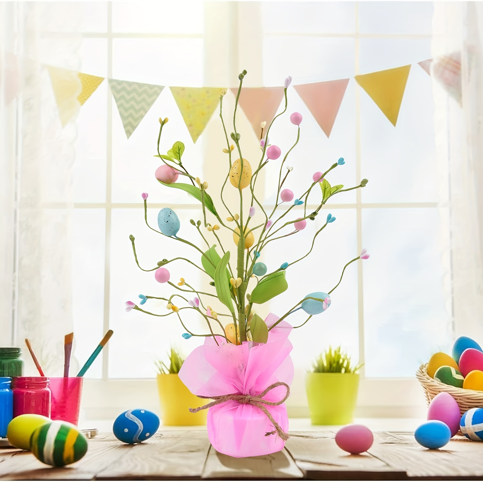 

Easter Table Decor - 12.99" Multicolored Centerpiece With Powder Cloth Base, Home, Kitchen, And Holiday , , Plants Theme