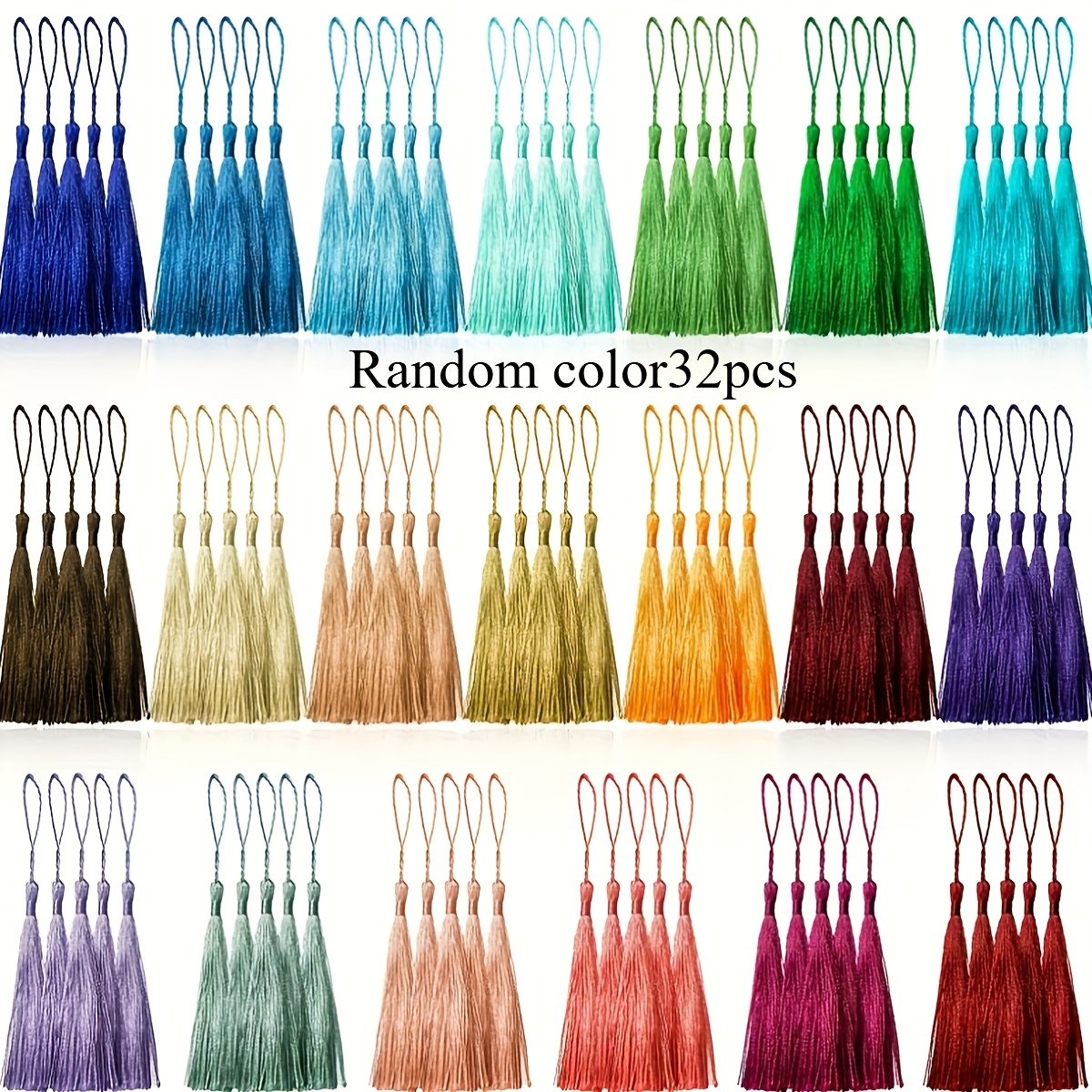 this set   32 small tassels each measuring 5 12 inches long   from polyester suitable for bookmarks bead collections and jewelry making offered in 20 bright colors